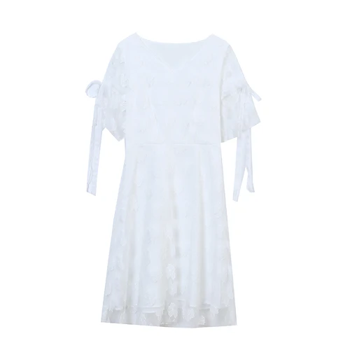 Summer Korean Lace Patchwork Mesh Elegant Dress Women Transparent White Embroidery V-neck Women's Clothing A-line Maxi Dresses | Женская