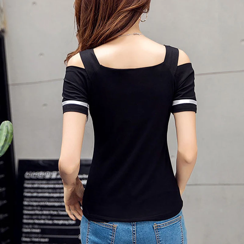 Женский топ с открытыми плечами однотонная хлопковая Футболка черный красный