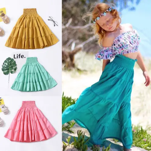 Новая детская летняя длинная Плиссированная юбка для девочек пляжная