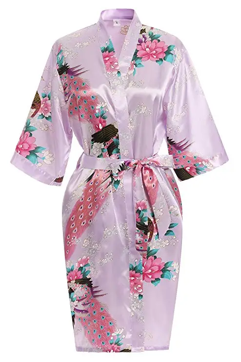 light purple FZSLCYIYI Летняя мини черная женская ночная рубашка кимоно халат Пижамный костюм из вискозы павлин и Цветочные невесты свадебное платье - Цвет: light purple