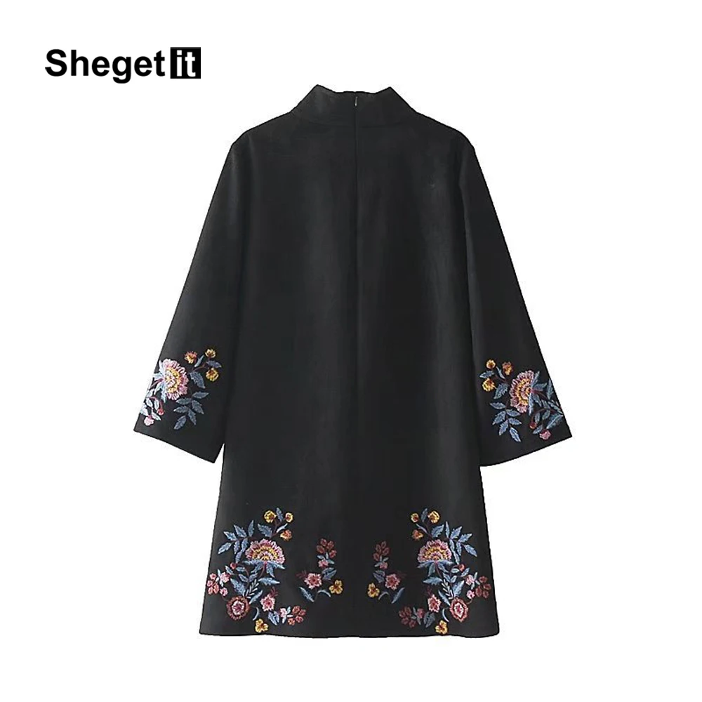 Shegetit зима Винтаж цветочный Вышивка мини-платье Для женщин Vestido Flare рукавом Ретро