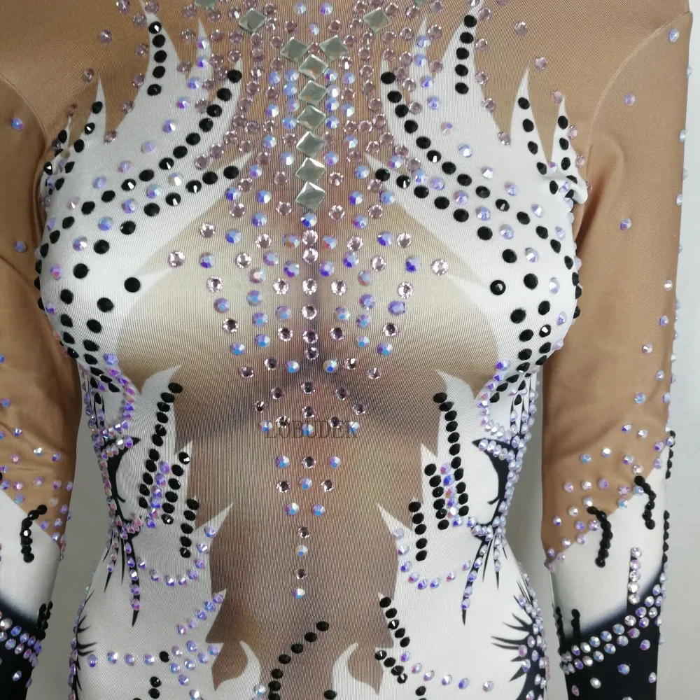 Sparkly Crystals Printing Long Sleeve Bodysuit Sexy Nightclub DJ Women Singer Dance Costume Gymnastic Match Performance | Женская одежда