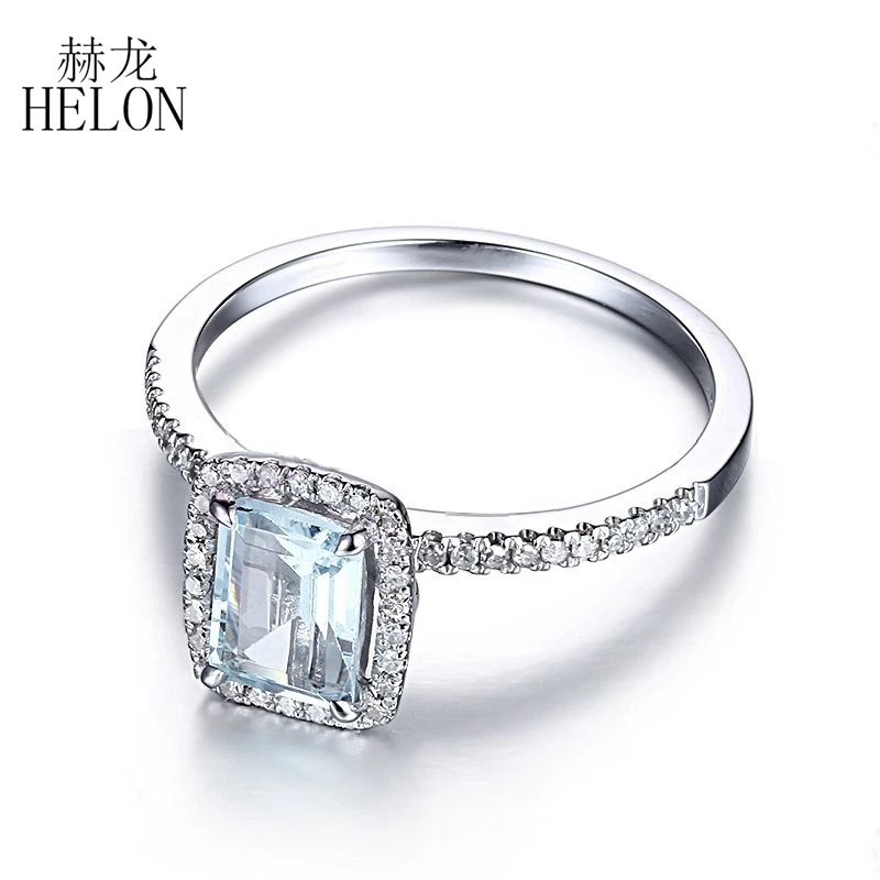 HELON Solid 14K белое золото AU585 изумруд огранка 1ct Натуральный аквамарин бриллианты обручальные драгоценные камни для женщин ювелирные украшения кольцо