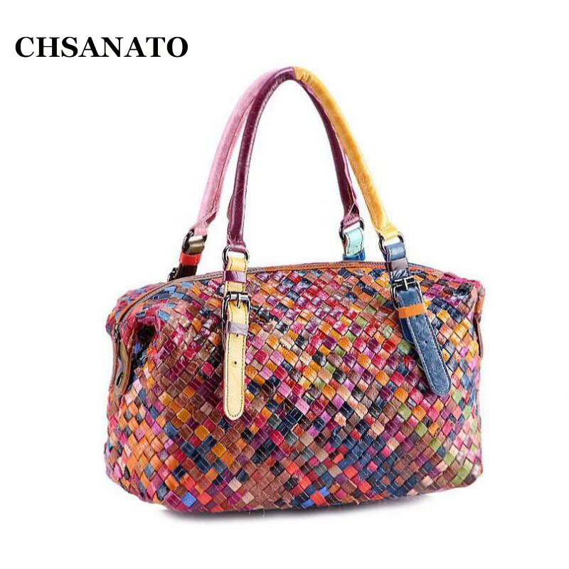 

women handmade bags handbag Colorful Patchwork genuine leather woven bag knitted Real leather Tote bag