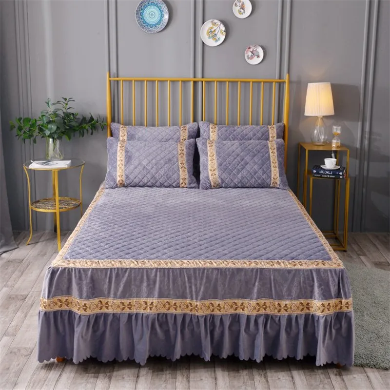 Плюшевая теплая мягкая стеганая кровать юбка розовая гофрированная постельное