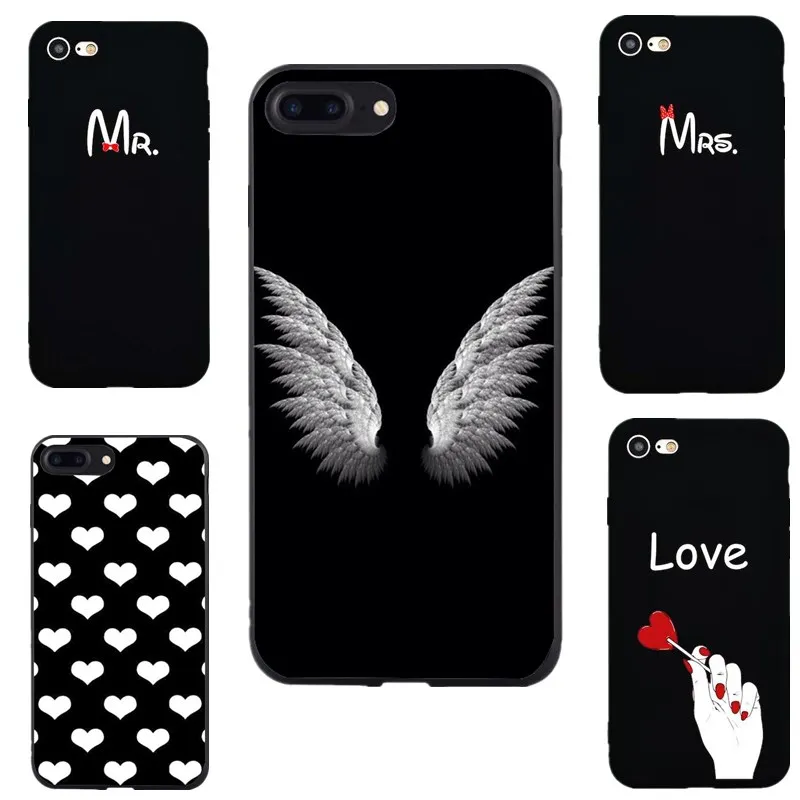 Mr VS Mrs чехол для iphone 8 7 plus X раскладной Мягкий ТПУ Крыло ангела Черный Модный 6 S SE 5 5S