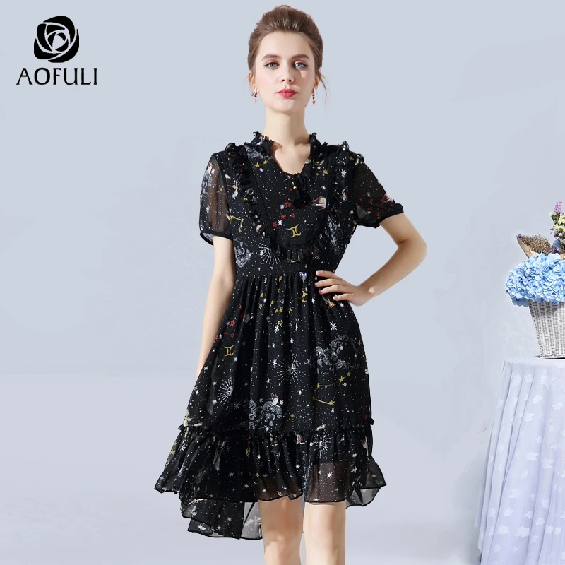 2XL/3XL/4XL/5XL шифоновое платье с принтом Галактики, подиумное женское платье большого размера с коротким рукавом-фонариком и высокой талией, AOFULI 00911