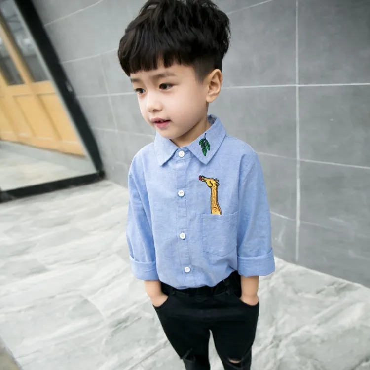 2018 Новая мода осень Однобортный рубашки для мальчиков вышитые мультфильма