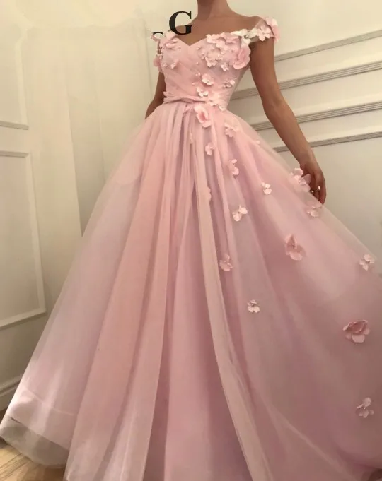 

Pink Muslim Evening Dresses A-line Off The Shoulder Tulle Flower Pearls Islamic Dubai Saudi Arabic Long Formal Evening Gown