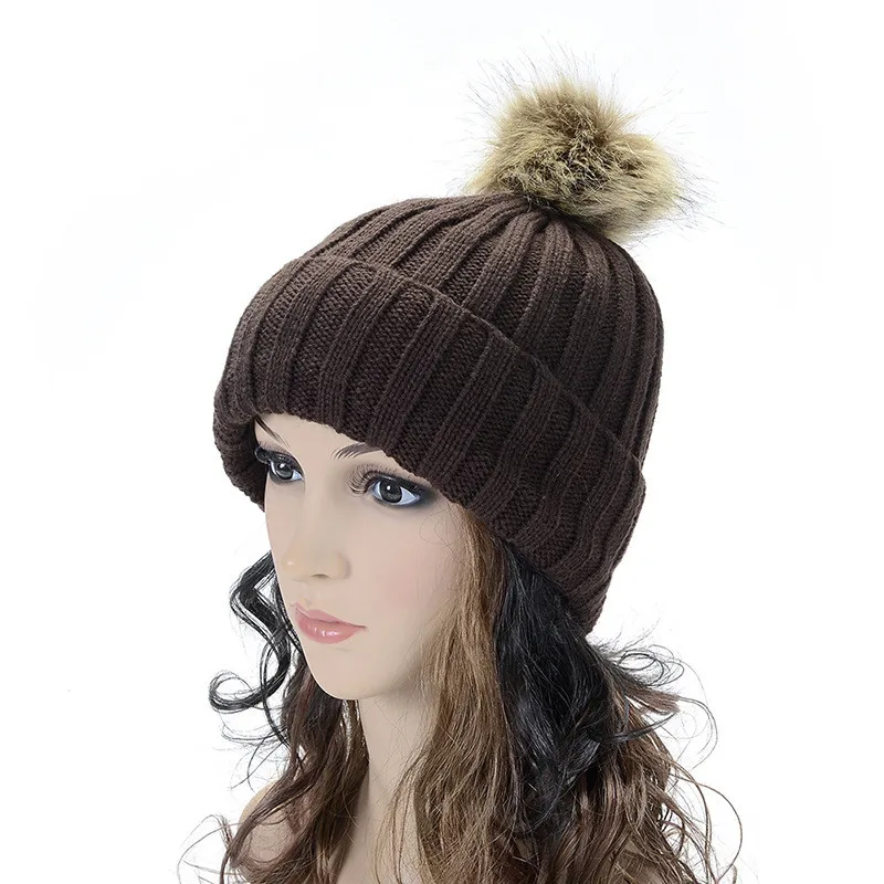 New Hat Female Classic Knitted Faux Fur Pom Poms Women Cap Headdress Head Warmer Women's Winter Hats Skullies Beanies BD01 | Аксессуары