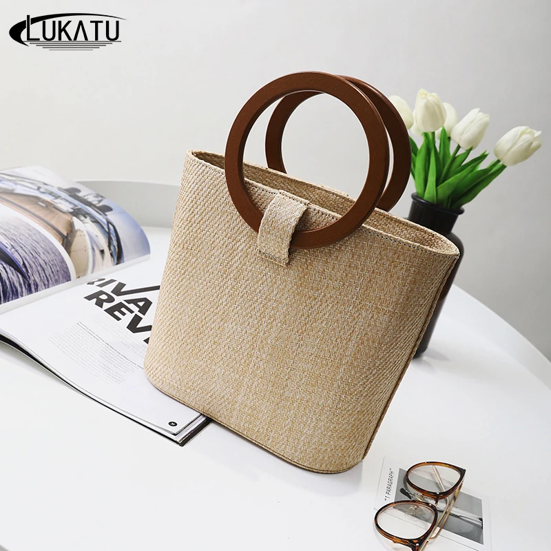 LUKATU квадратная плетеная Сумка из ротанга летняя однотонная деревянная круглая