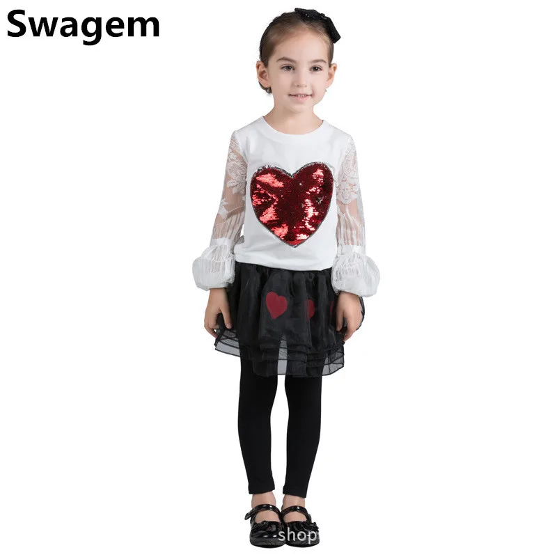 

Long Sleeve Girls Lace Top Autumn Children Giltter Heart Cotton T-shirt Lantern Sleeve Sequin Tops for 5-13Y Girls Clothes D0556