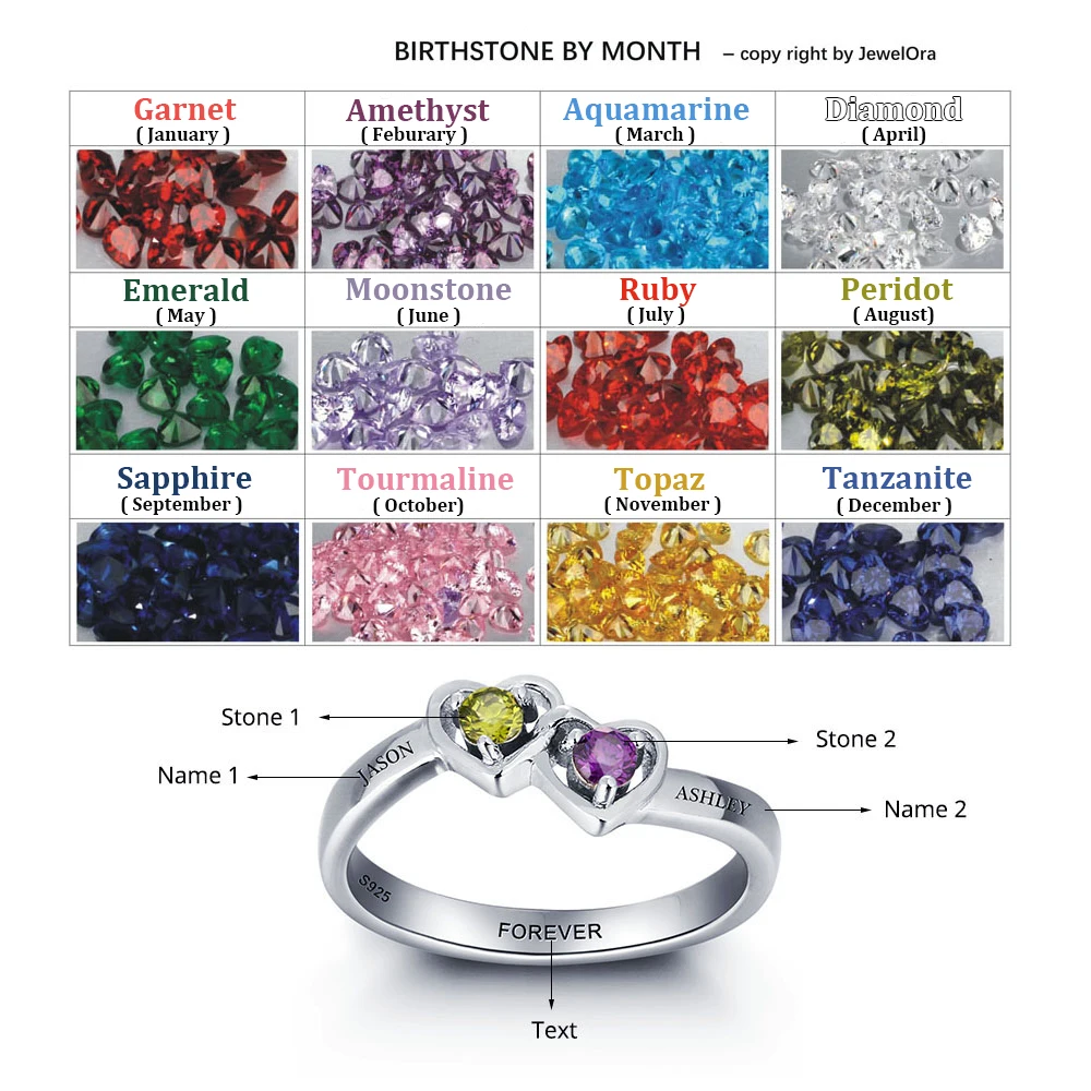 Personalized 925 Sterling Silver Name Ring Mother Rings With Birthstones Heart Shape DIY Gift Fine Jewelry For Women (RI101958) | Украшения
