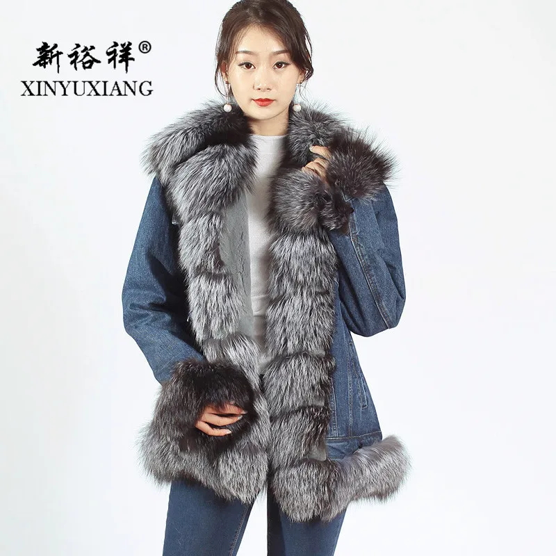 XINYUXIANG 2018 модные серые джинсовые куртки с натуральным лисьим мехом верхняя одежда