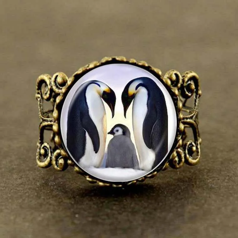 

2017 New Fashion Animal Jewelry Penguins Art Ring steel Link Lovers' Gift Glass Dome Rings
