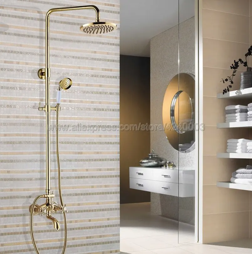 

Gold Polished Wall Mounted Shower Faucets Set Brass Rainfall Shower Mixer Tap Swivel Tub Spout Bathroom Shower Faucet Kgf454