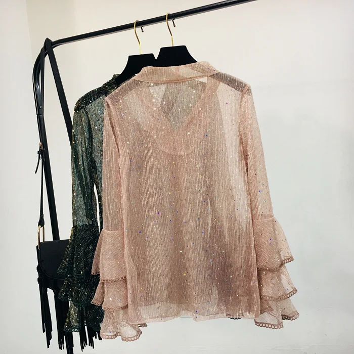 2019 Spring New Sexy Mesh Blouse Shirt with Bow Glittering Flare Sleeve Tops Ladies V-Neck Korean Fashion Clothing Shirts |