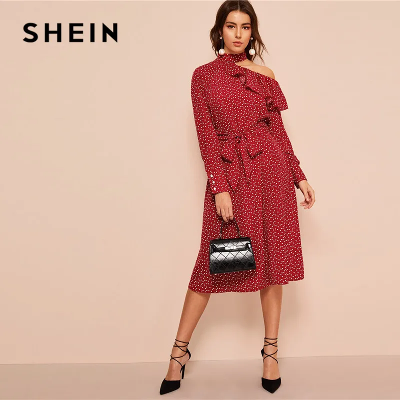 SHEIN сексуальное платье в горошек с оборками и вырезами на шее, женская одежда, весна, Гламурное платье миди с длинным рукавом и поясом