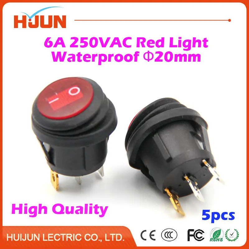 

5pcs 3Pin 20mm On-Off-On SPST Round Copper Boat Rocker Switch Waterproof Cap Red LED Light 6A 250VAC Car Dash Dashboard Truck RV