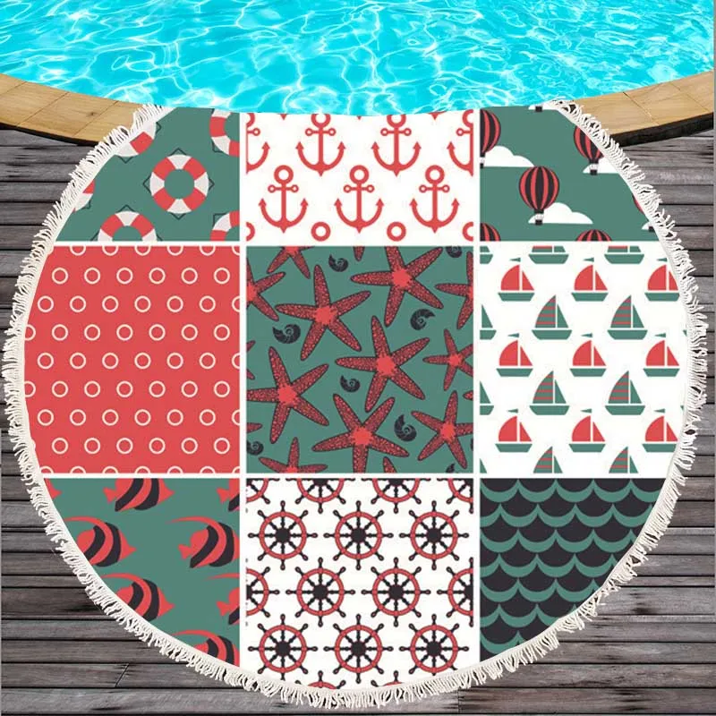 150*150cm Round Beach Towel With Tassels Microfiber Bath Handfeel Soft Sea Anchor Flower Pineapple leopard flamingo print | Дом и сад