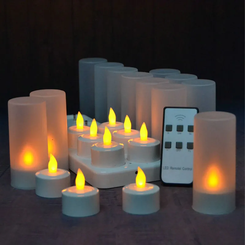

12pcs/Set Unscented LED candle Remote controlled frosted Rechargeable Tea Light Electronic Candle set Church Wedding Decor-AMBER