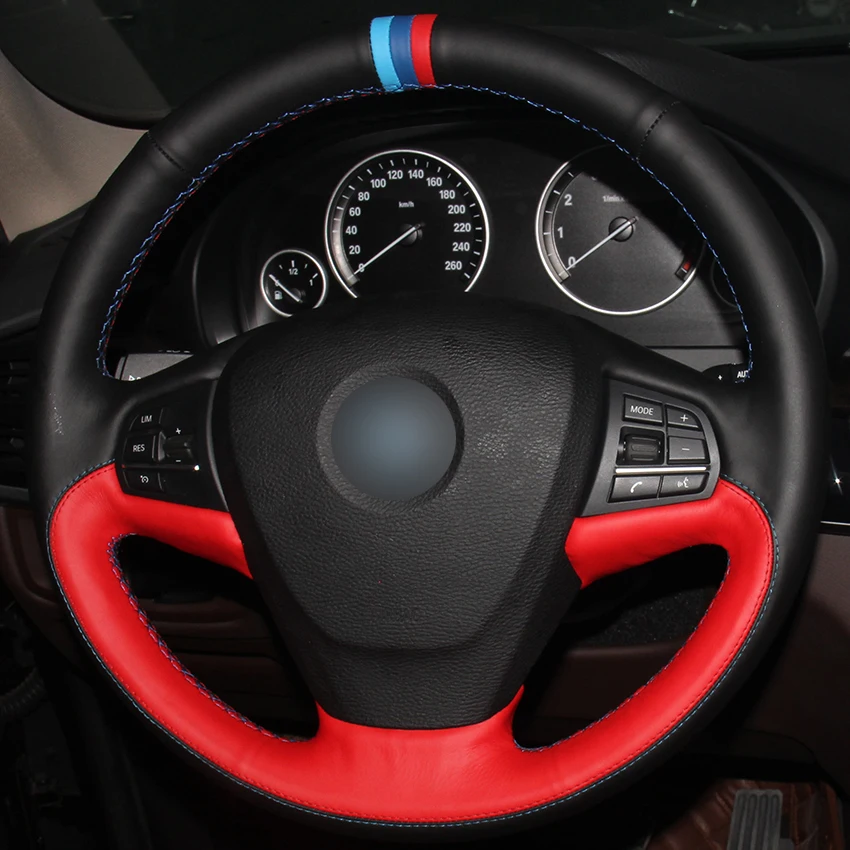 

Hand sewing custom Black Red Leather Light Blue/ Blue /Red Marker Car Steering Wheel Cover for BMW F25 X3 2011-2017 F15 X5