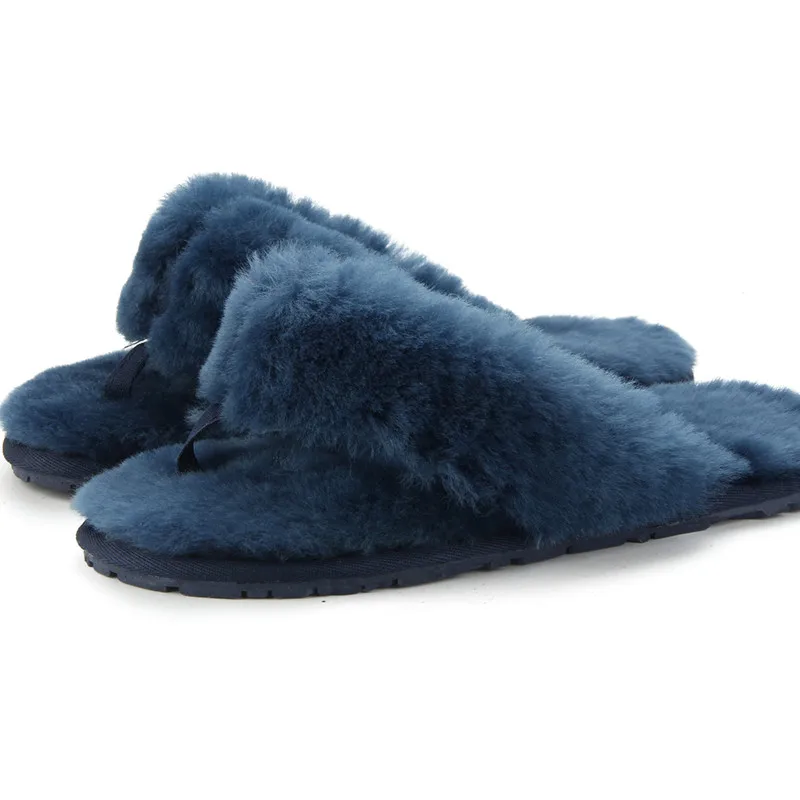 Navy Blue Теплые домашние тапочки из натуральной овечьей кожи; модные зимние женские домашние меховые тапочки; теплые шерстяные Вьетнамки; женская домашняя обувь - Цвет: Navy Blue