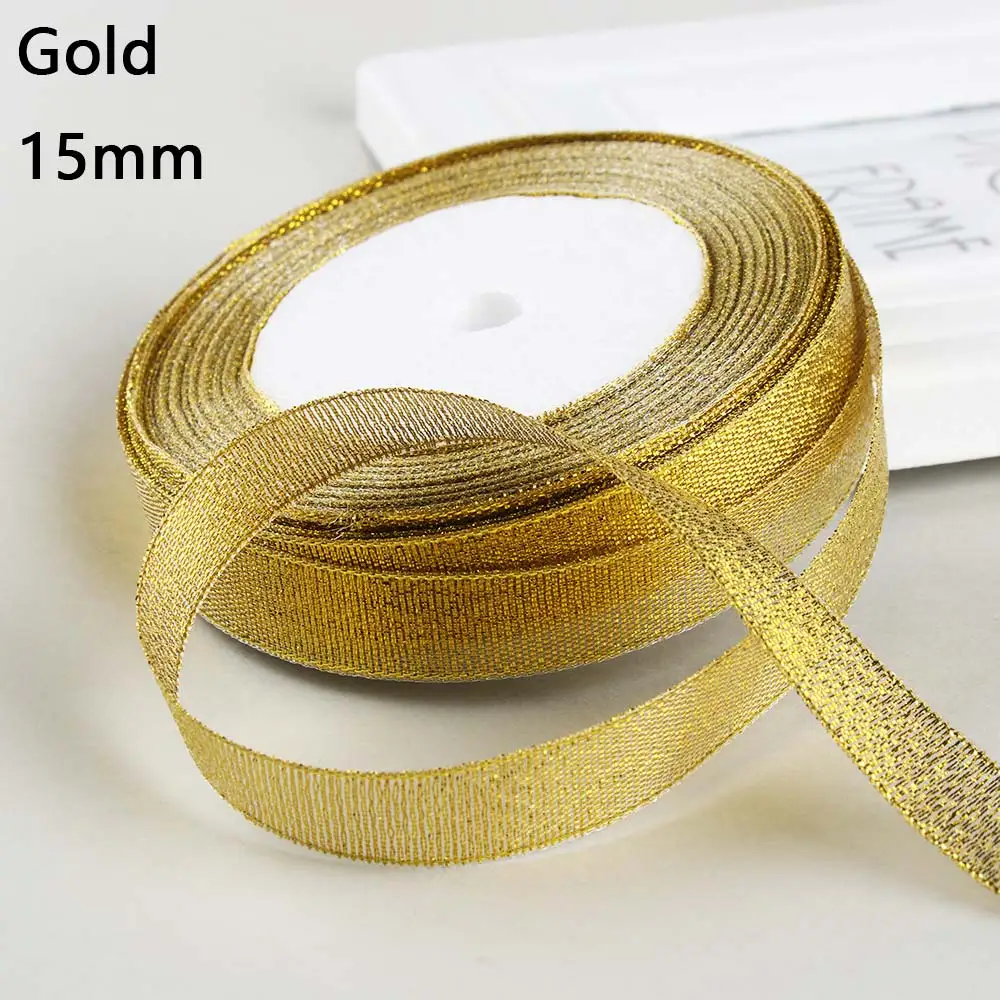 Gold 15mm 25 ярдов 6 мм/15 мм/25 мм Серебряная/Золотая шелковая атласная лента для заворачивания подарка Рождество год DIY Материал вечерние украшения для дома и свадьбы - Цвет: Gold 15mm