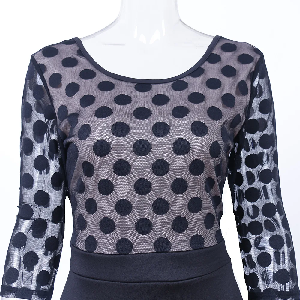 Сарафан миди Sheer Dots платье три четверти рукав o-образным вырезом Bodycon Elegent платья