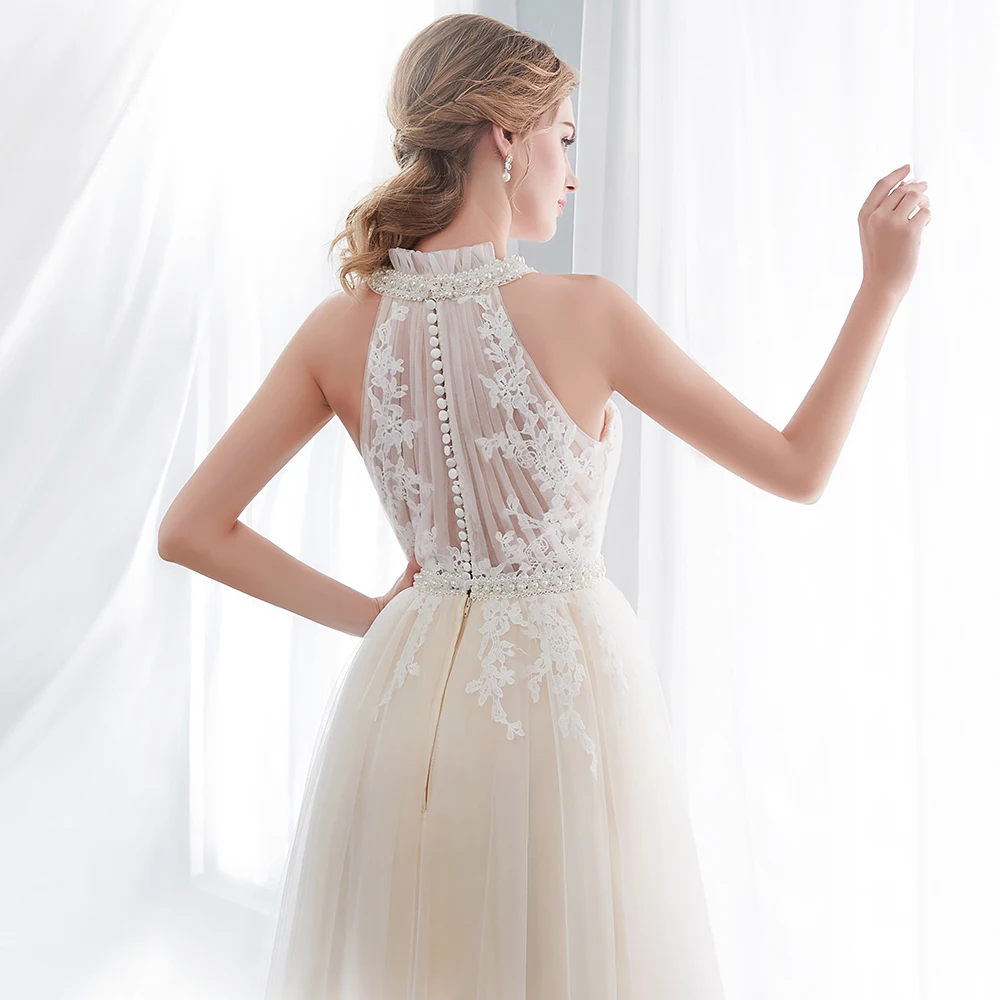 Charming Bohemian Lace Waist Pearls Evening Dress Sexy Illusion Button Back Tulle Gown Robe De Soiree | Свадьбы и торжества