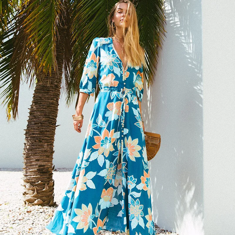 Женское пляжное длинное платье Boho Floar Пляжное Платье макси с v-образным вырезом и