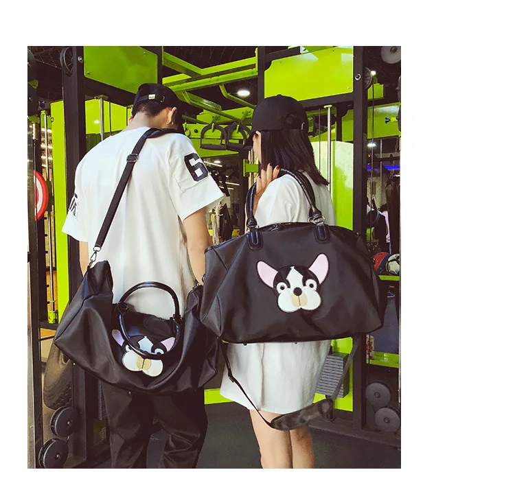 Fashion Casual PU Leather Travel Bags Black Couple Cartoon Dog Embroidery Overnight Weekend Bag Short Trip GYM Big Hand Luggage