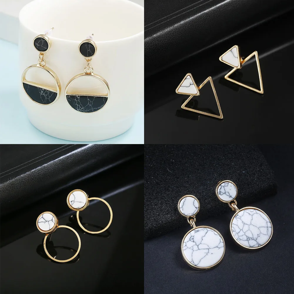 Женская винтажная бижутерия черная белая мраморная круглая|Серьги-гвоздики| |