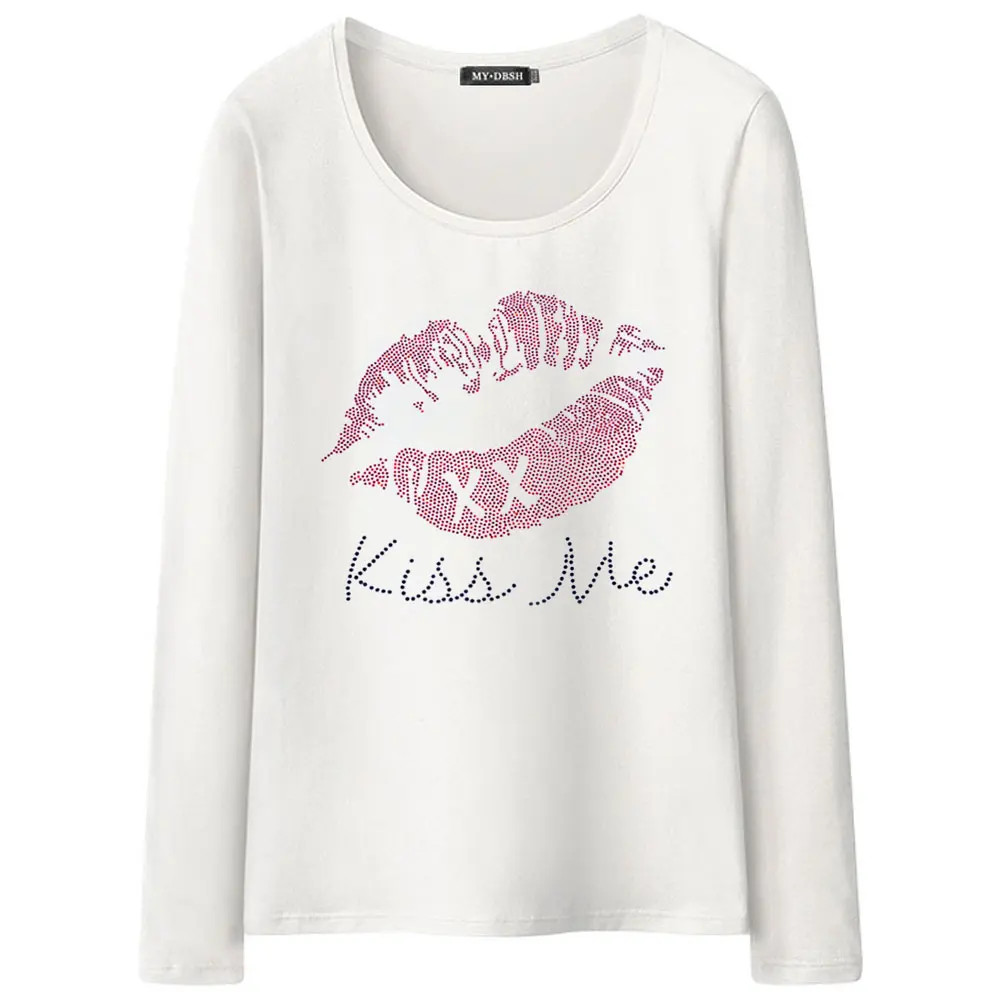 Новинка, летняя футболка со стразами и надписью Kiss Me Lips, новые модные женские футболки с длинным рукавом, женская одежда, хлопковые футболки - Цвет: T001-O-White