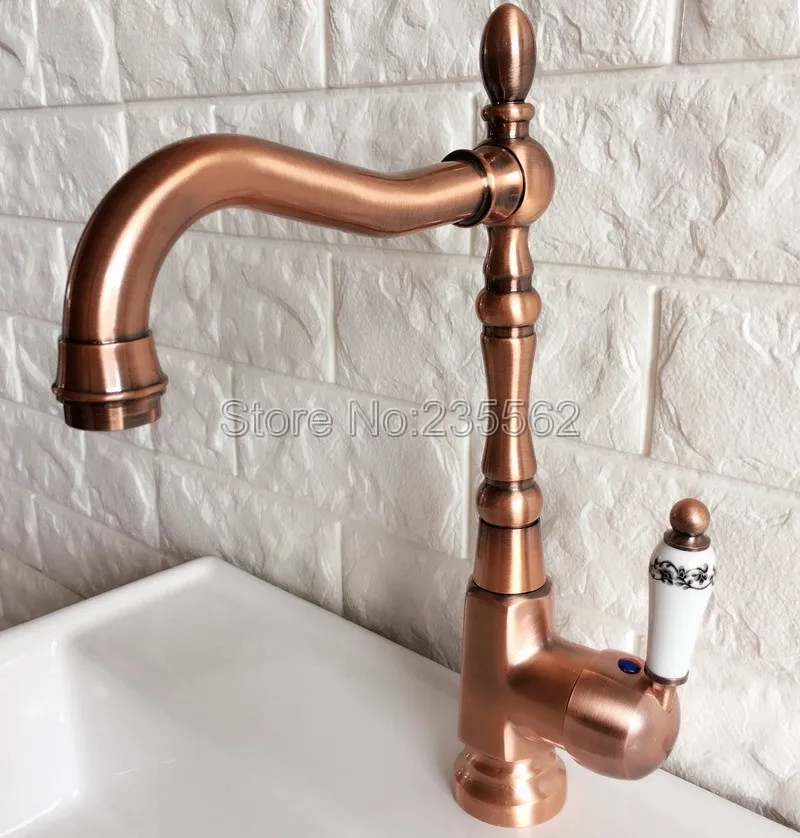 antique red copper kitchen sink faucet washbasin faucets ceramic lever cold hot water mixer bathroom taps deck mounted lnf418 free global shipping