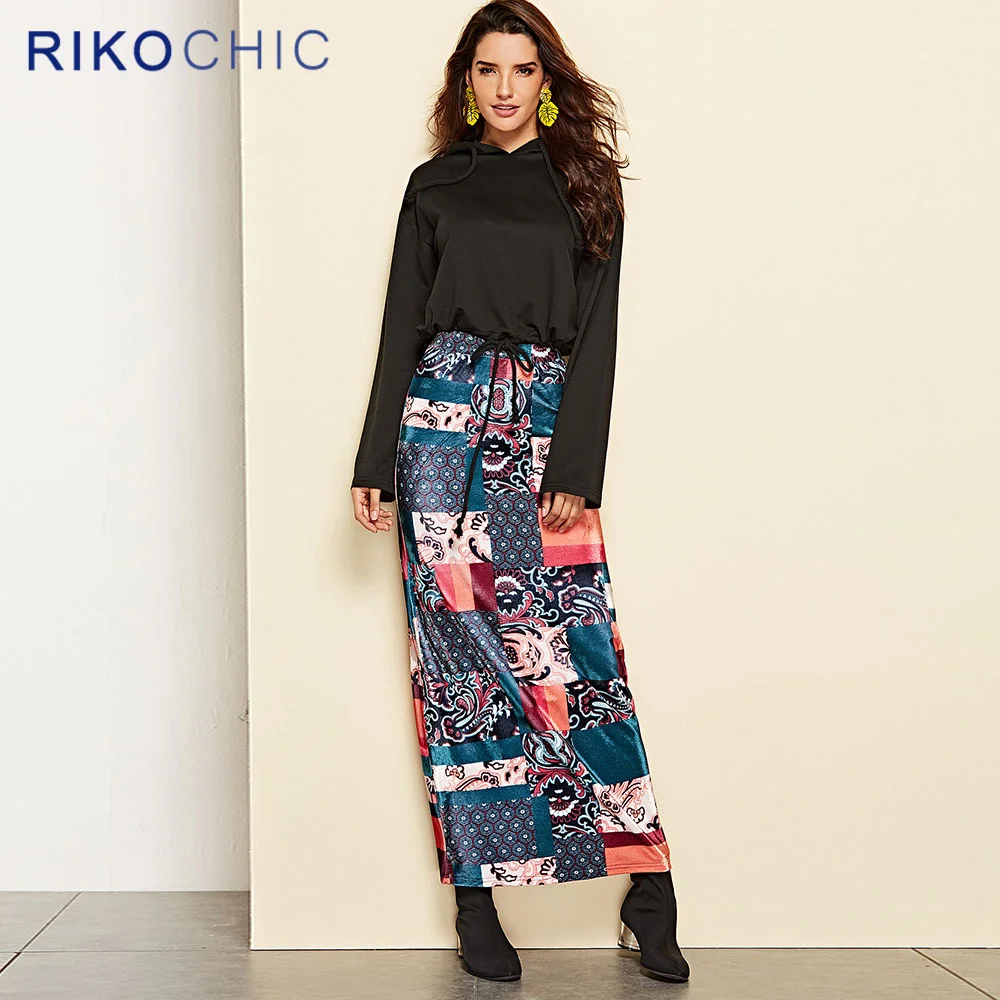 RIKOCHIC 2018 Новый Для женщин Высокая талия Flare макси юбки осенние бархатные Boho с