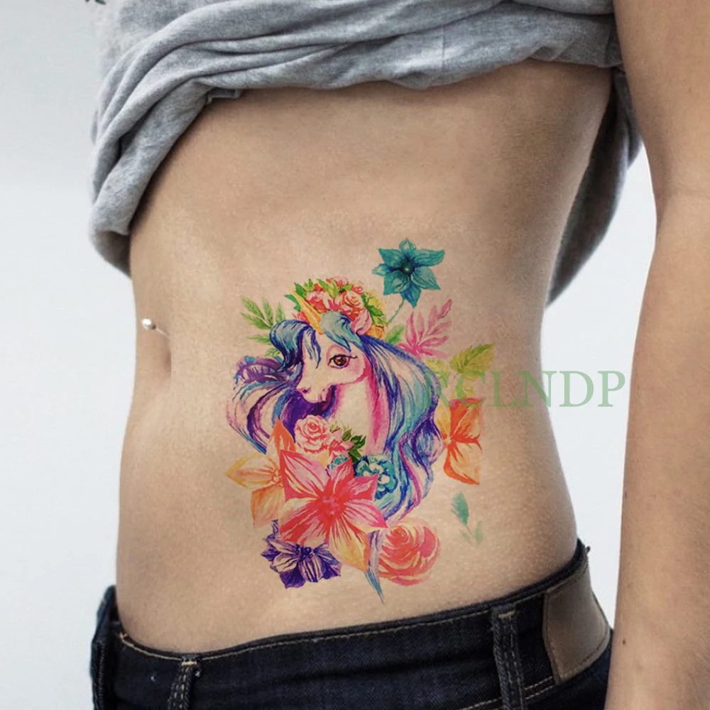 Водостойкая Временная тату-наклейка Единорог Роза цветок поддельные тату