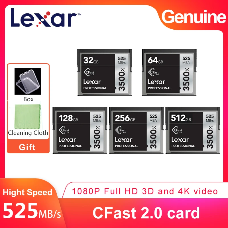 Lexar Professional 535 МБ/с./с 3500x высокоскоростная CFast карта памяти 32 Гб 64 128 ГБ 256 512 для 3D 4K Full
