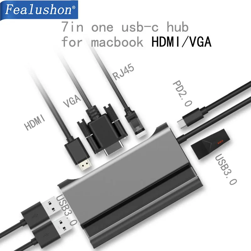 Док-станция для ноутбука USB 3,0 HDMI VGA RJ45 PD USB C Hub Fealushon для ноутбука Macbook Pro hp DELL Surface lenovo samsung