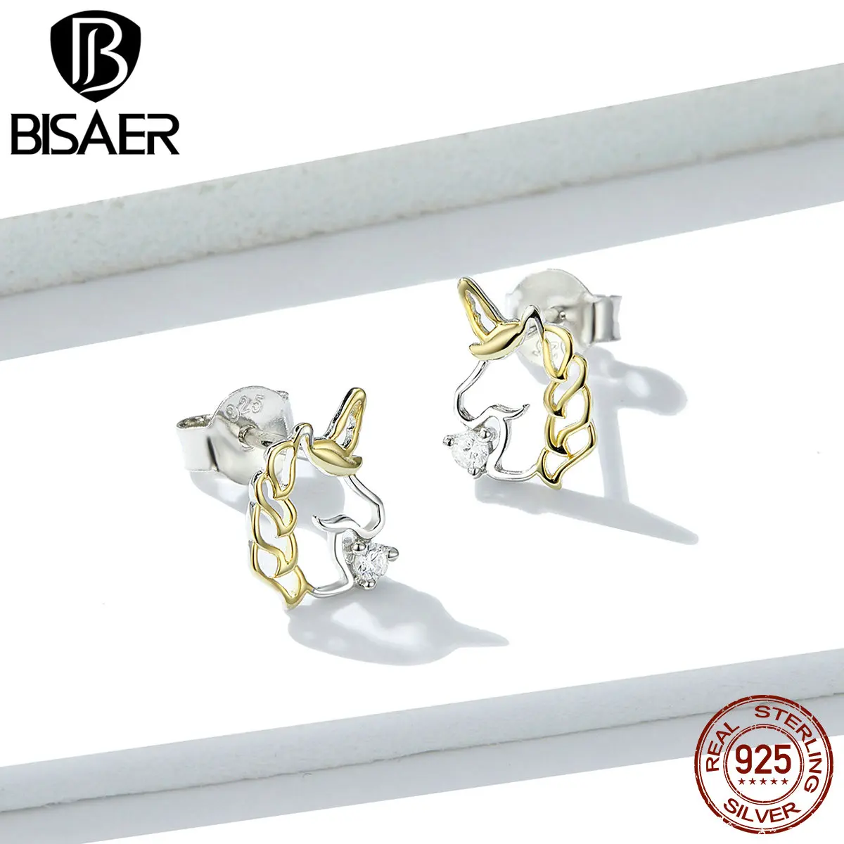 Unicorn Earrings BISAER 925 Sterling Silver Pure Love Licorne Unicorn Exquisite Stud Earrings for Women Silver Jewelry EFE234
