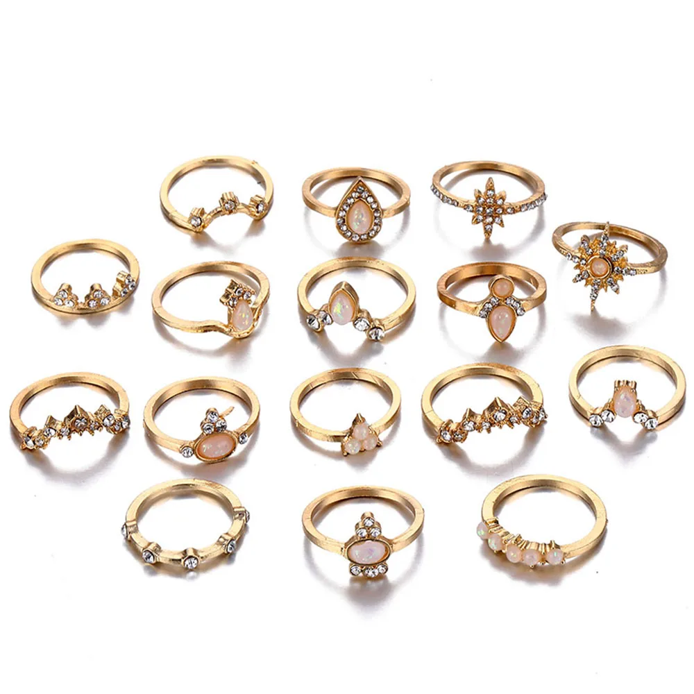 FAMSHIN винтажная Корона звезды капли воды набор колец средней длины женские модные
