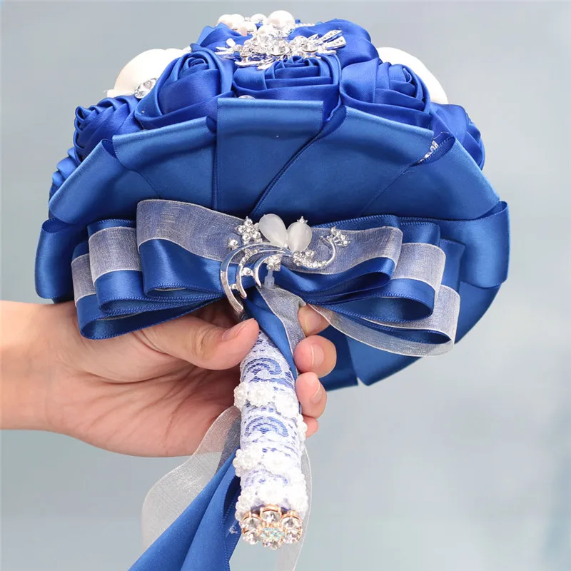 WifeLai-A Custom Royal Blue Ivory Brooch Bridal Hand Holding Flower Bouquets Bridesmaid Crystal Silk Wedding Bouquet W228-17 | Свадьбы и