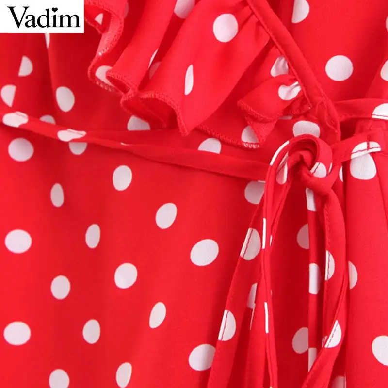 Вадим Женщины Симпатичные dot печати ruffled wrap dress Пояса V шеи крест дизайн женские