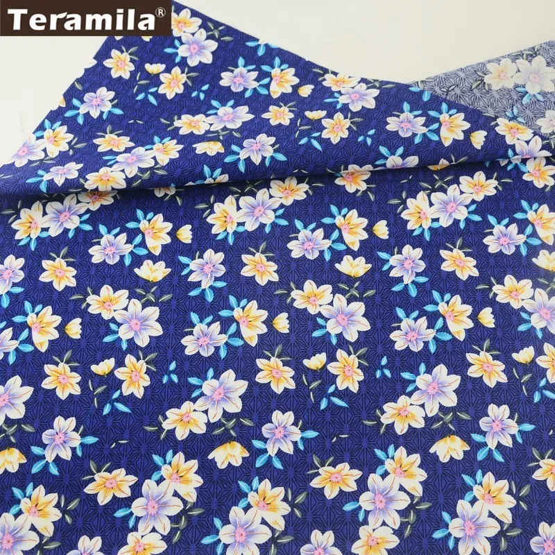 

Teramila Cotton Poplin Fabric Dark Blue Fat Quarter Meter Soft Quilting Sewing Shirt Printed Lily Flower Design Patchwork CM