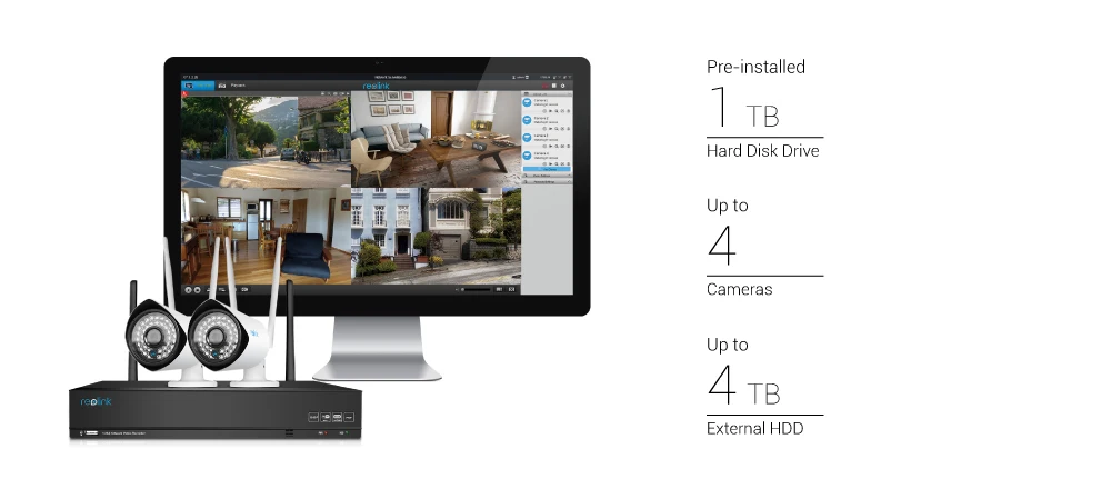 Reolink 1080P беспроводная камера безопасности Система 4Ch WiFi NVR и 2 WiFi камеры наружного видеонаблюдения 1 ТБ HDD RLK4-210WB2