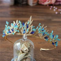 bridal hair accessories gold leaves bohemia crown blue crystal tiara bridal wedding crown ethnic headband gifts for girl