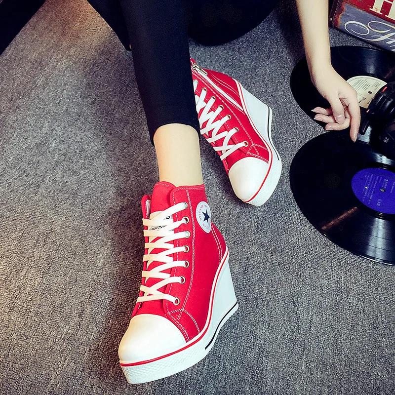 Женская парусиновая обувь на скрытом каблуке весенняя с высоким берцем женские