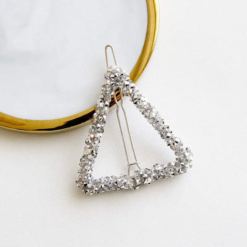 Triangle Silver 1Pcs Fashion Crystal Rhinestones Hair Clip Hairpin Star Triangle Round Shape Women Hair Clips Barrettes Hair Styling Accessories - Цвет: Triangle Silver