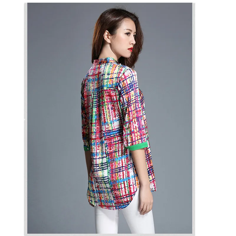 Женская шелковая блузка длинная свободная офисная рубашка с карманом и принтом
