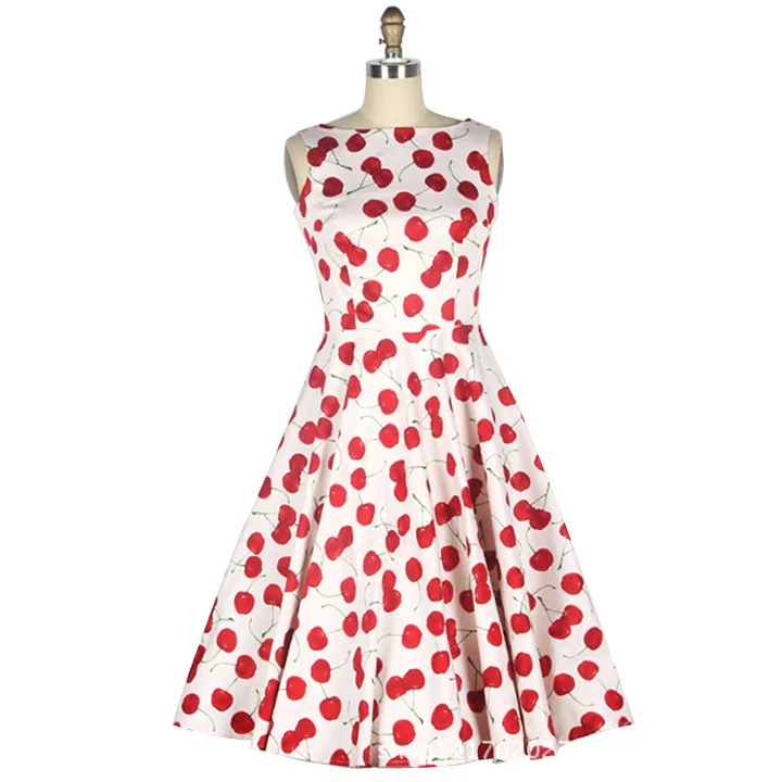 Новая мода 2018 платье Для женщин Винтаж вишня с принтом рукавов плиссированные